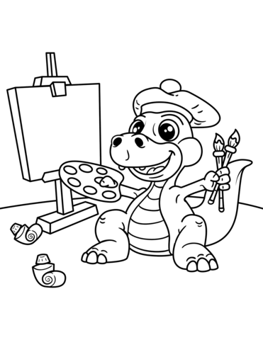 Cute Dinosaur Artist With Easel, Brush And Palette Of Colors Coloring Page